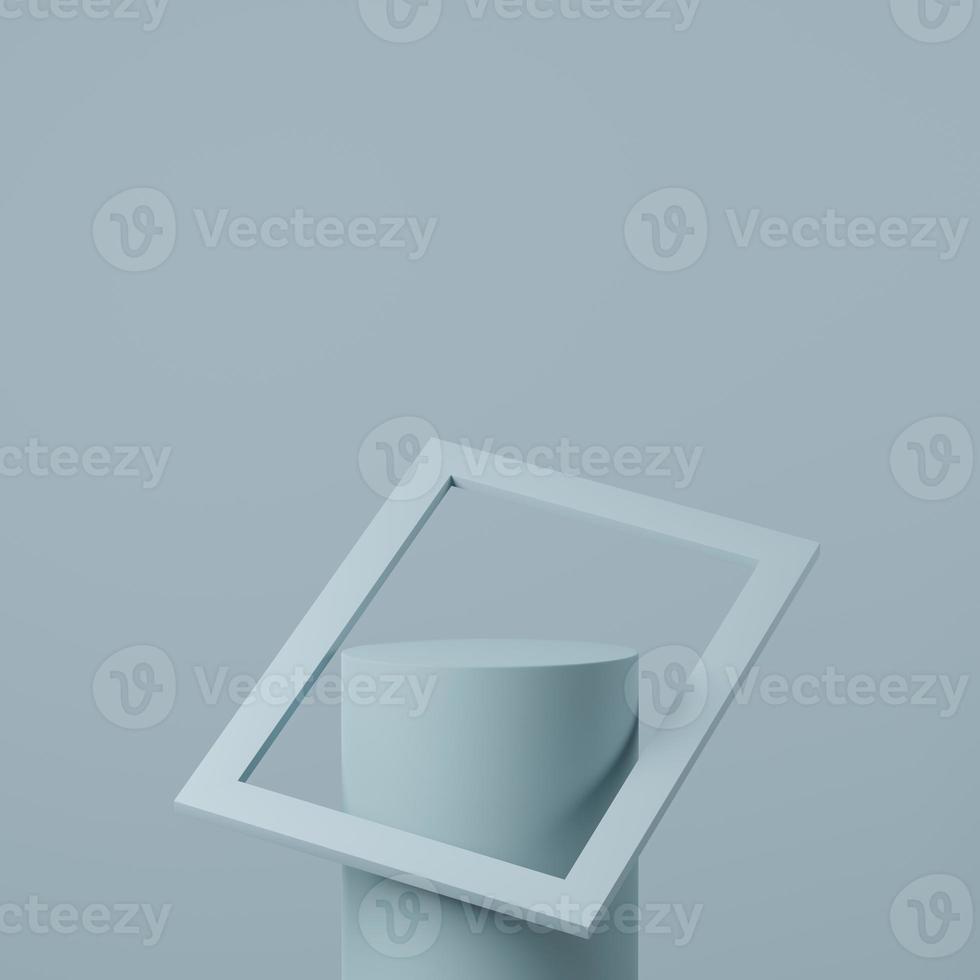 Blue product display podium with photo frame, Cosmetic product minimal scene with platform, Stand to show products background, 3d rendering studio with free form