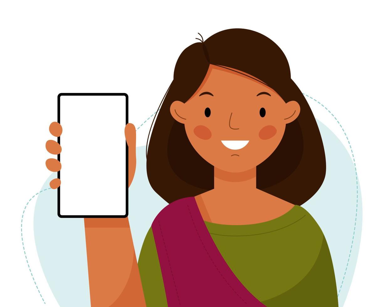 A cute indian girl holds a phone in her hands. The woman shows an empty phone and smiling. Vector flat illustration