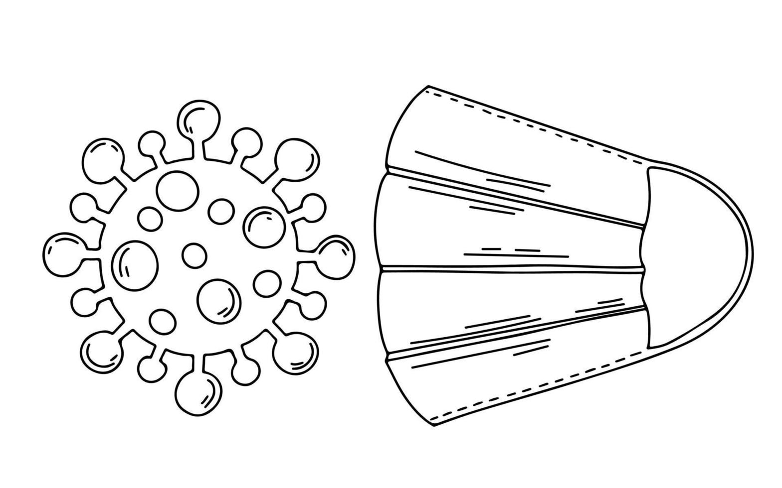 máscara facial y virus en estilo de garabato dibujado a mano. aislado en la ilustración de vector blanco.