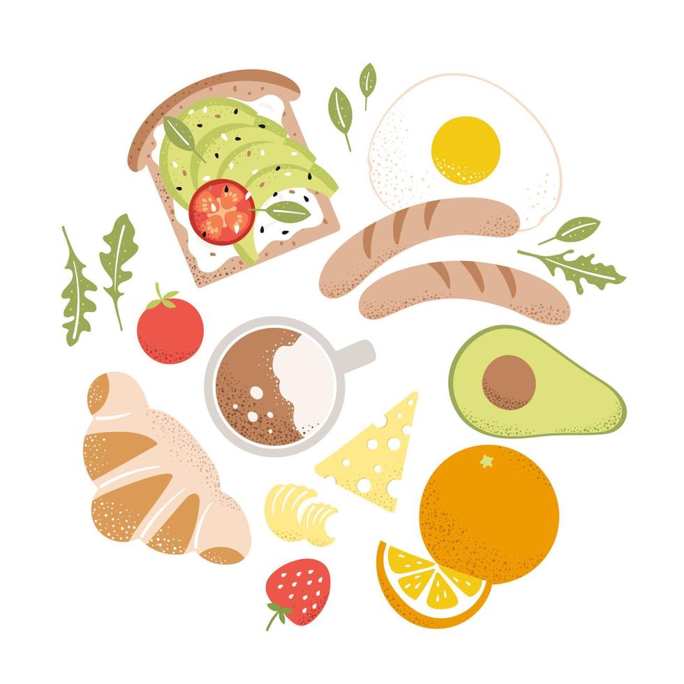 Set of hand drawn breakfast products. Doodle style food illustrations. Coffee, egg and sausages, avocado toast, cheese, croissant, orange vector