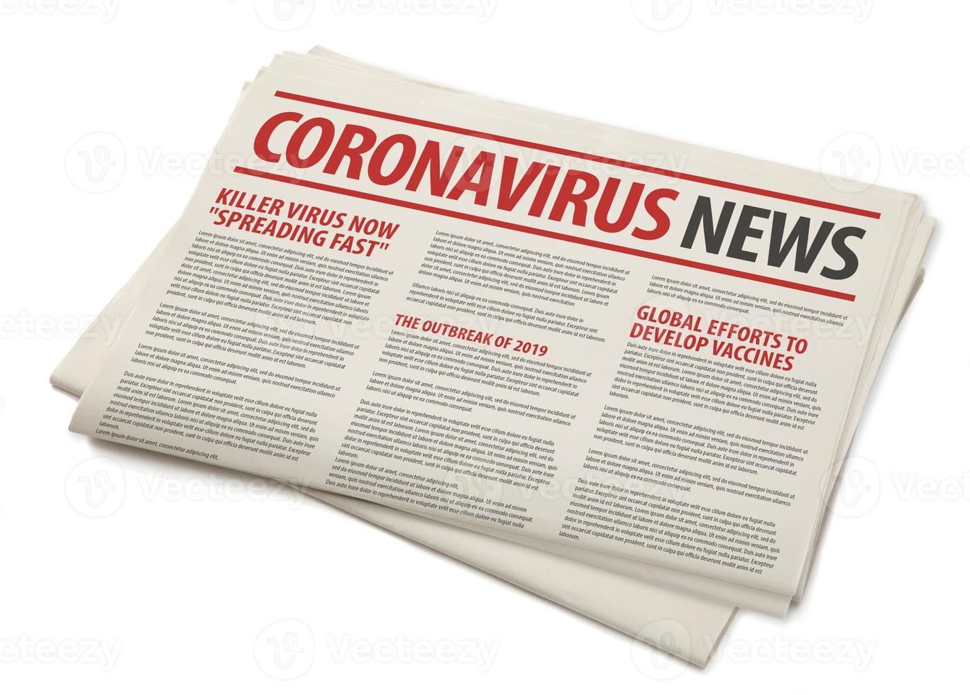 maqueta del periódico coronavirus, noticias relacionadas con el covid-19 con el titular en el concepto de producción de prensa en papel fondo blanco aislado foto