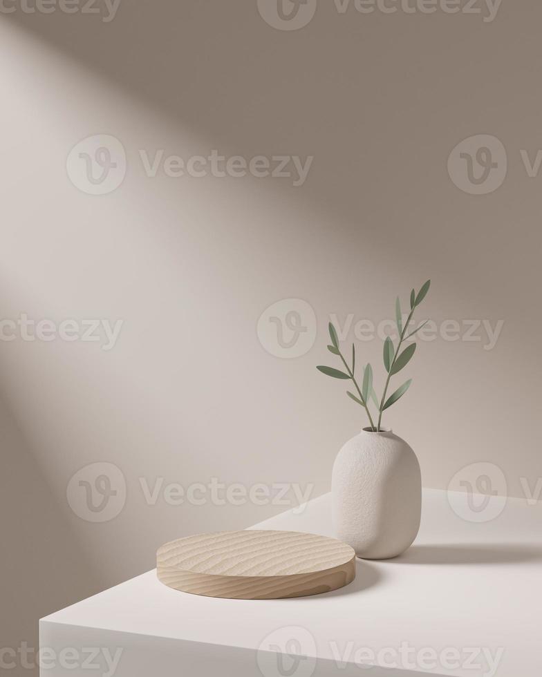 Wooden round corner pedestal podium with vase, Product display podium in room, 3d rendering studio with geometric shapes, Cosmetic product minimal scene with platform, Stand to show product photo