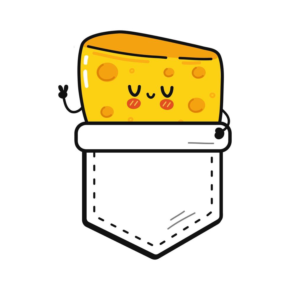 diseño de ilustración de logotipo de personaje de estilo de línea de fideos de dibujos animados lindo divertido bolsillo de queso camiseta print.vector. fondo blanco aislado. estampado divertido de queso de dibujos animados para camiseta de bolsillo vector