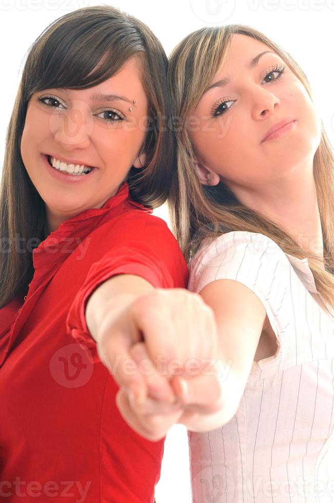 two young girls isolated on white photo