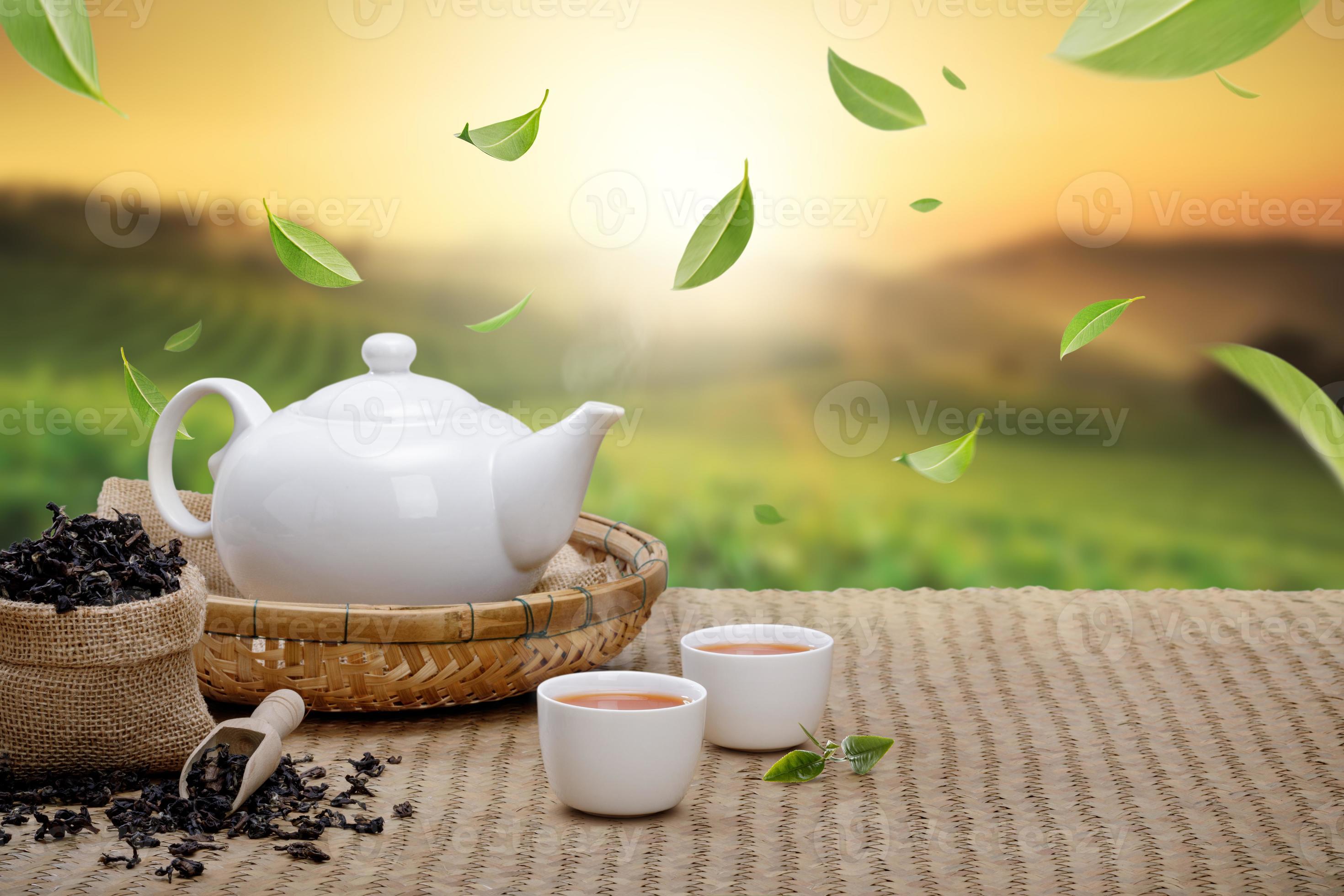 Warm cup of tea with teapot, flying green tea leaves in the air and dried  herbs on the bamboo mat at morning in plantations background, Organic  product from the nature for healthy