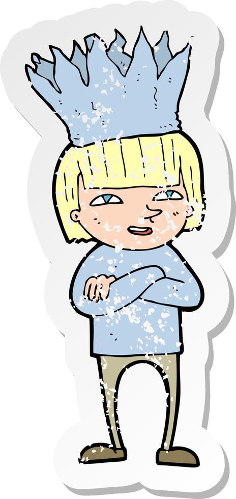 retro distressed sticker of a cartoon person wearing paper crown vector