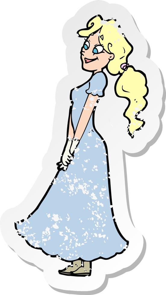 retro distressed sticker of a cartoon pretty woman in dress vector