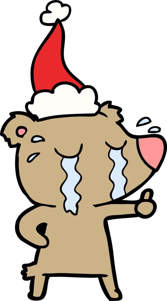 line drawing of a crying bear wearing santa hat vector