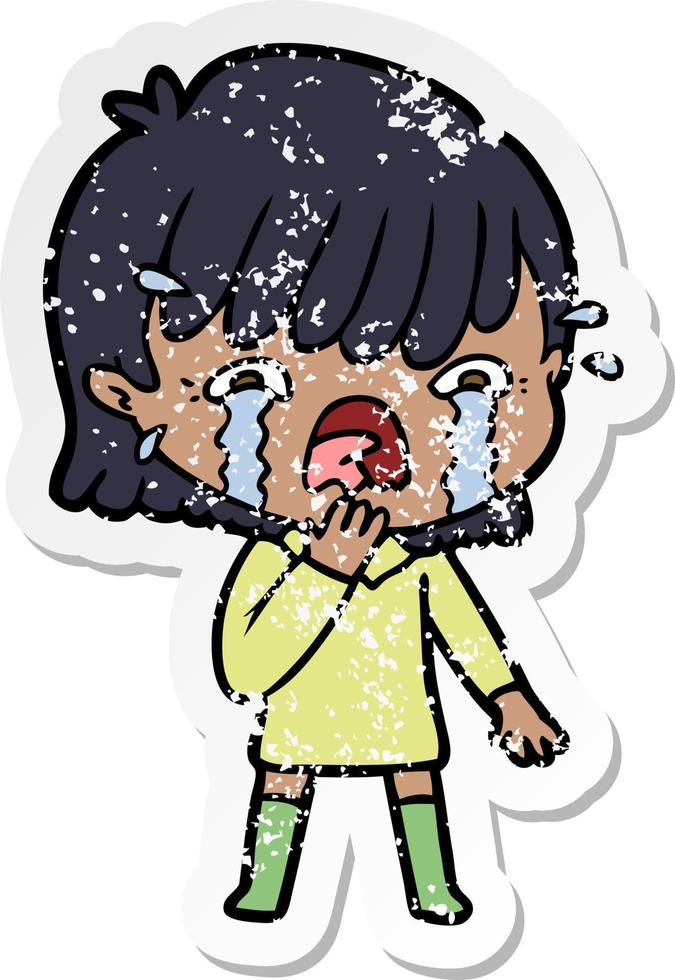 distressed sticker of a cartoon girl crying vector