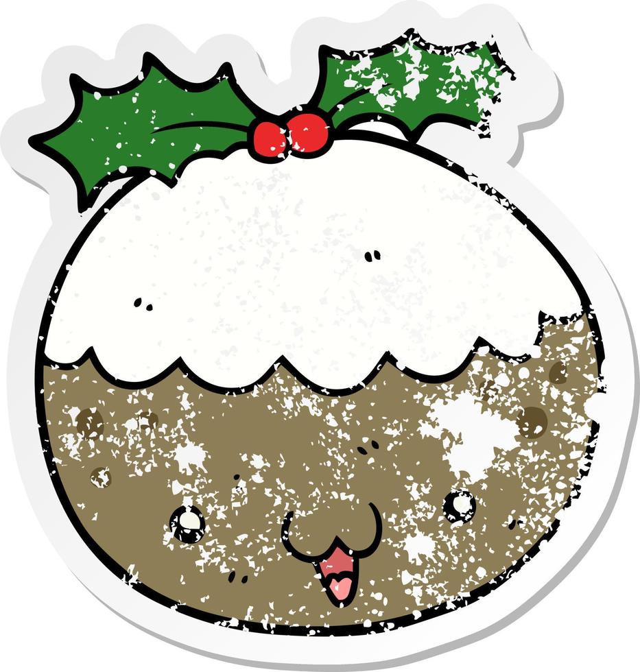 distressed sticker of a cute cartoon christmas pudding vector