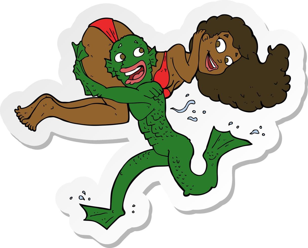 sticker of a cartoon swamp monster carrying girl in bikini vector