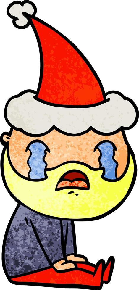 textured cartoon of a bearded man crying wearing santa hat vector