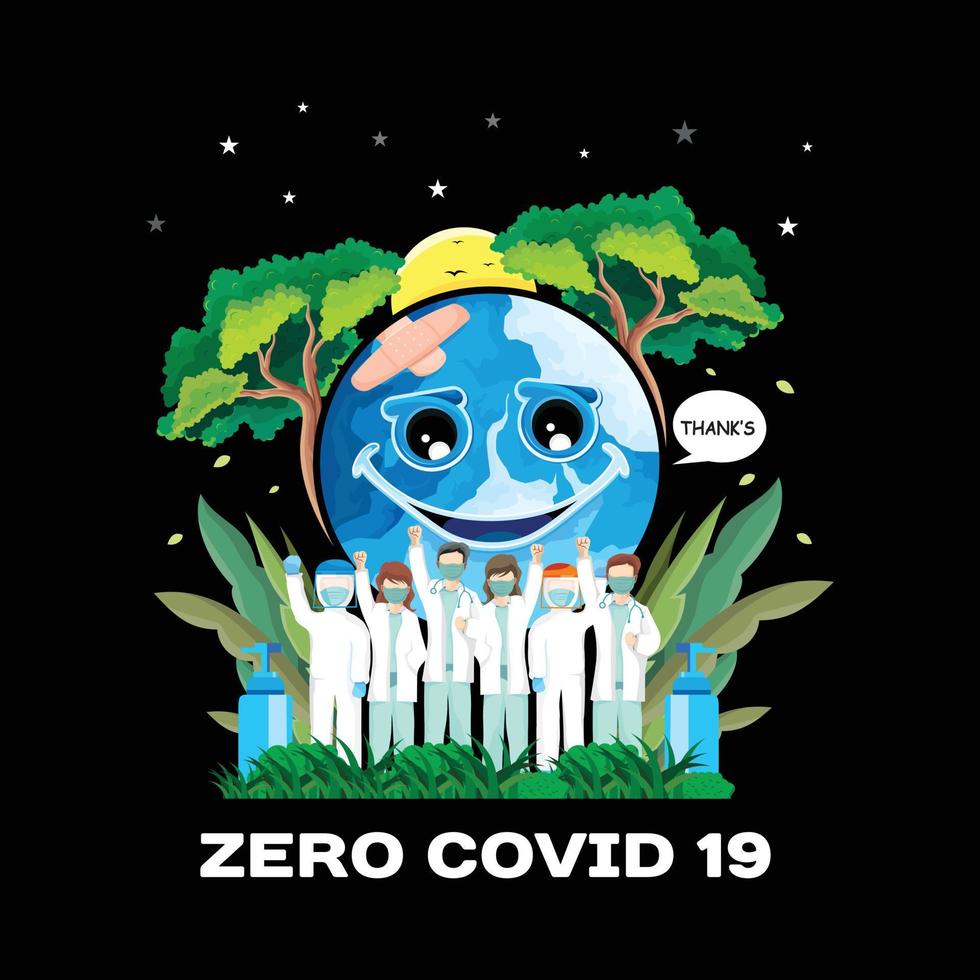 Zero covid 19 vector and illustration. Earth healed and smiled again vector design
