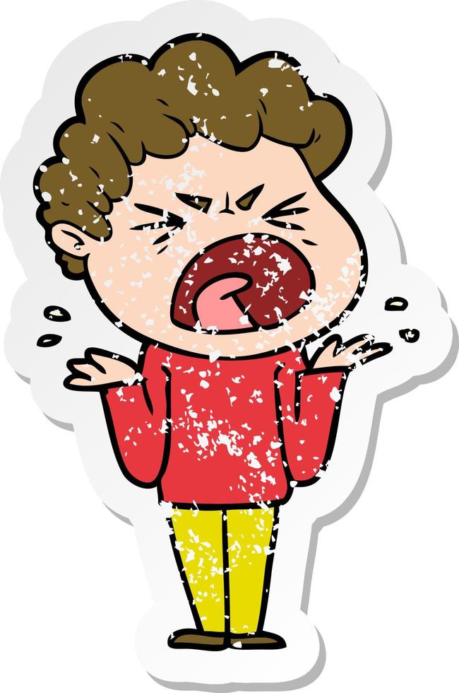 distressed sticker of a cartoon furious man vector