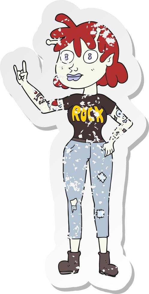 retro distressed sticker of a cartoon alien rock fan girl vector