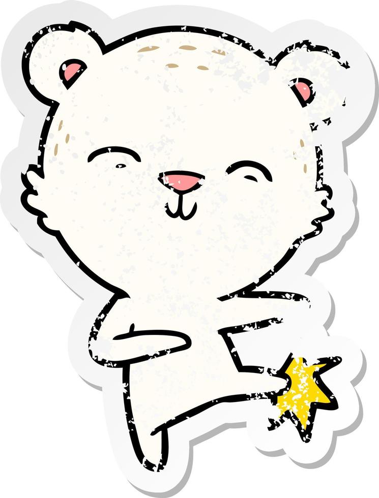 distressed sticker of a happy cartoon polar bear kicking vector