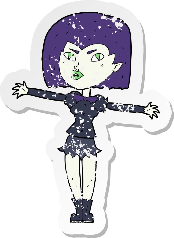 retro distressed sticker of a cartoon vampire girl vector