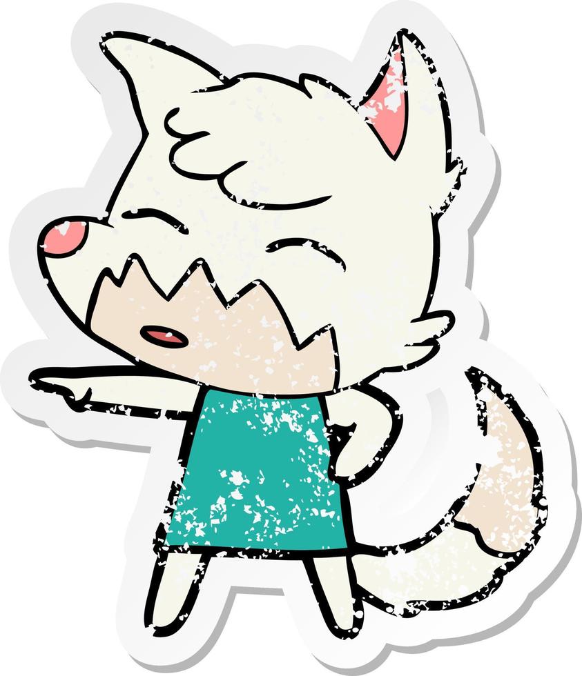 distressed sticker of a cartoon fox in dress pointing vector