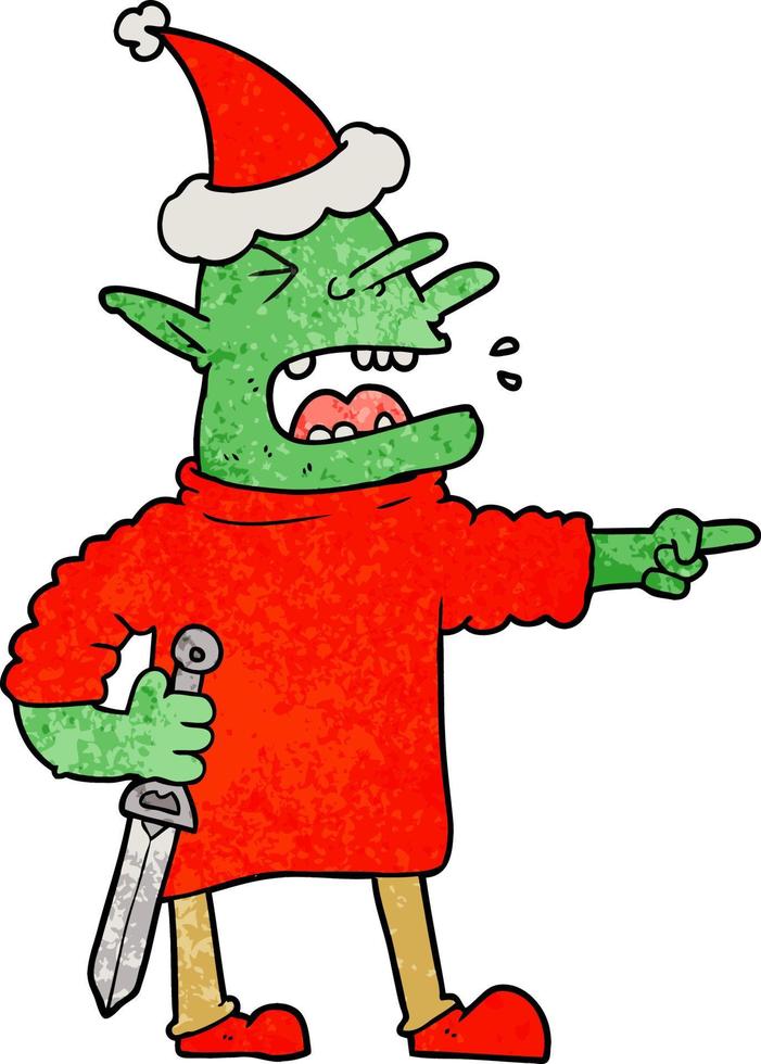 textured cartoon of a goblin with knife wearing santa hat vector