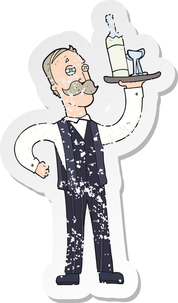 retro distressed sticker of a cartoon waiter vector