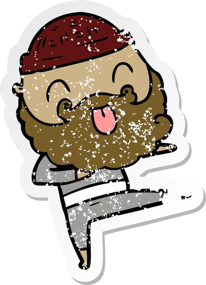 distressed sticker of a man with beard sticking out tongue vector