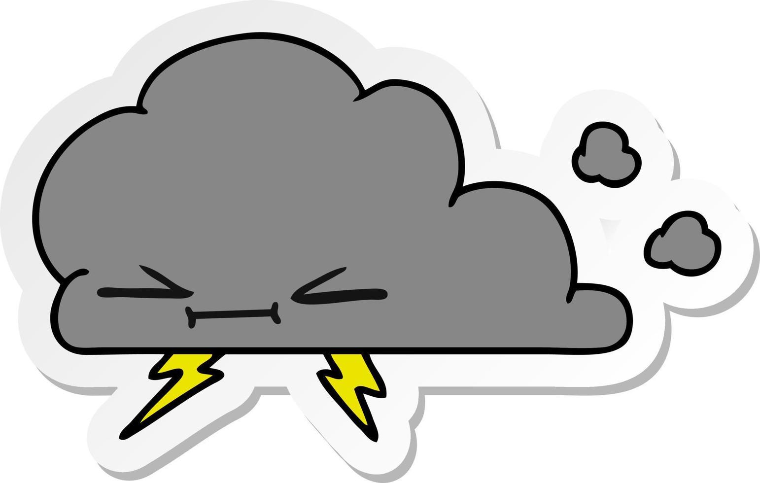 sticker cartoon of a grumpy lightening cloud vector