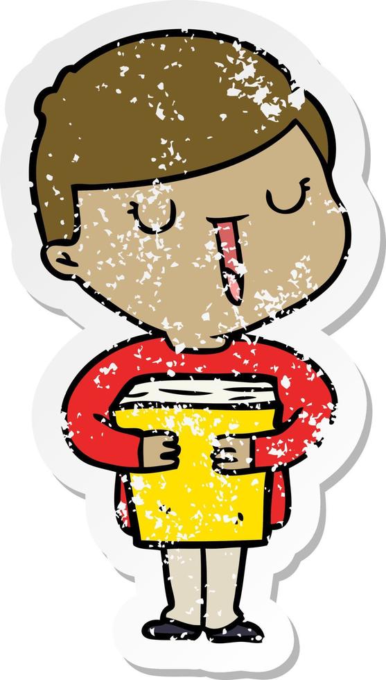 distressed sticker of a cartoon happy boy talking about his book vector