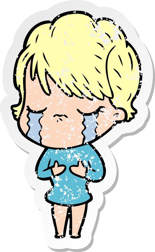 distressed sticker of a cartoon woman crying vector