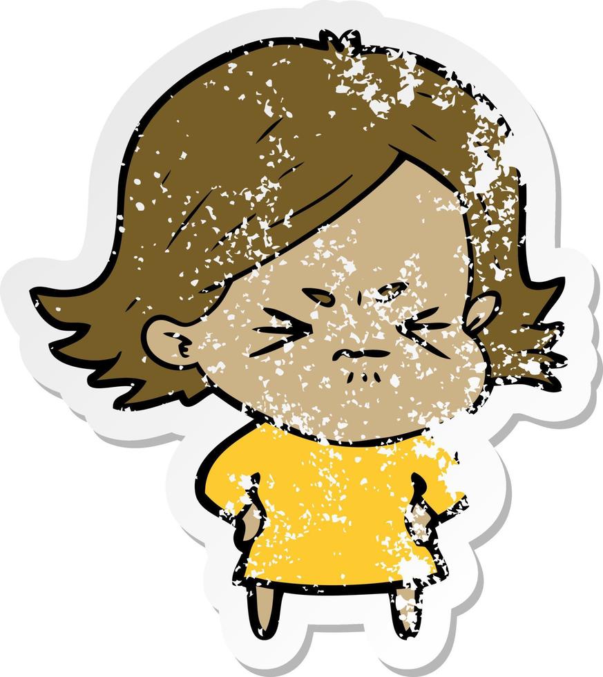 distressed sticker of a cartoon angry girl vector