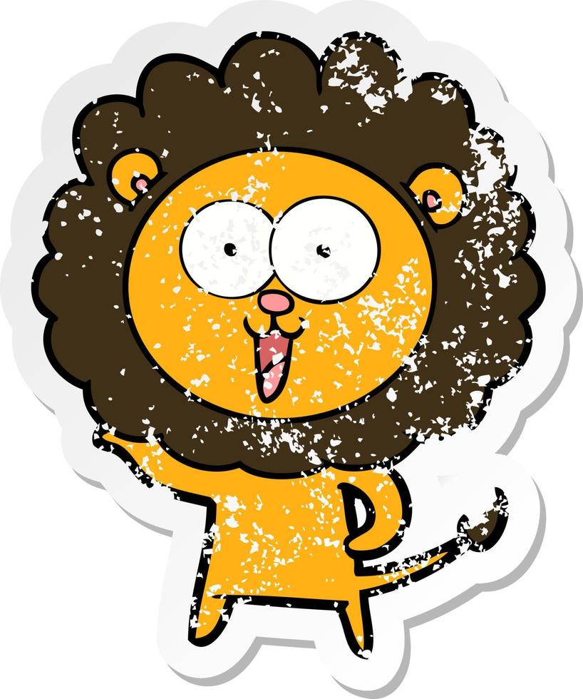 distressed sticker of a happy cartoon lion vector
