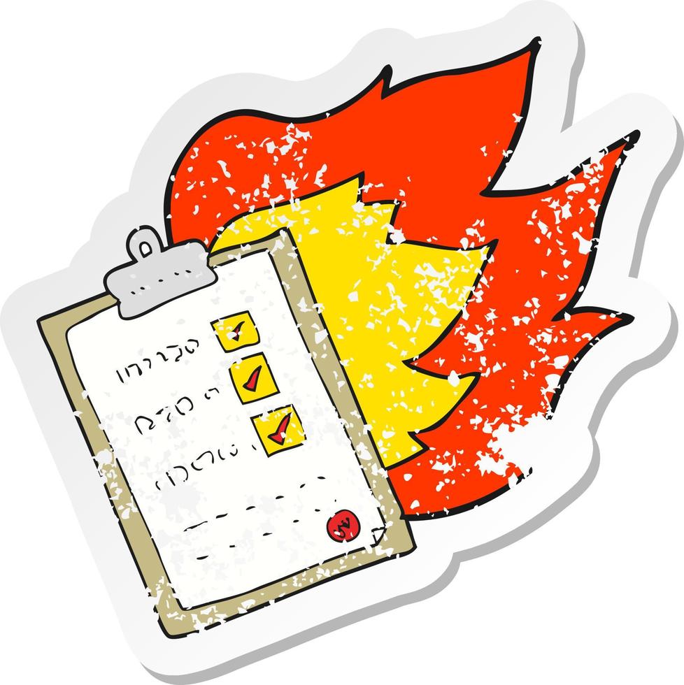 retro distressed sticker of a cartoon checklist burning vector