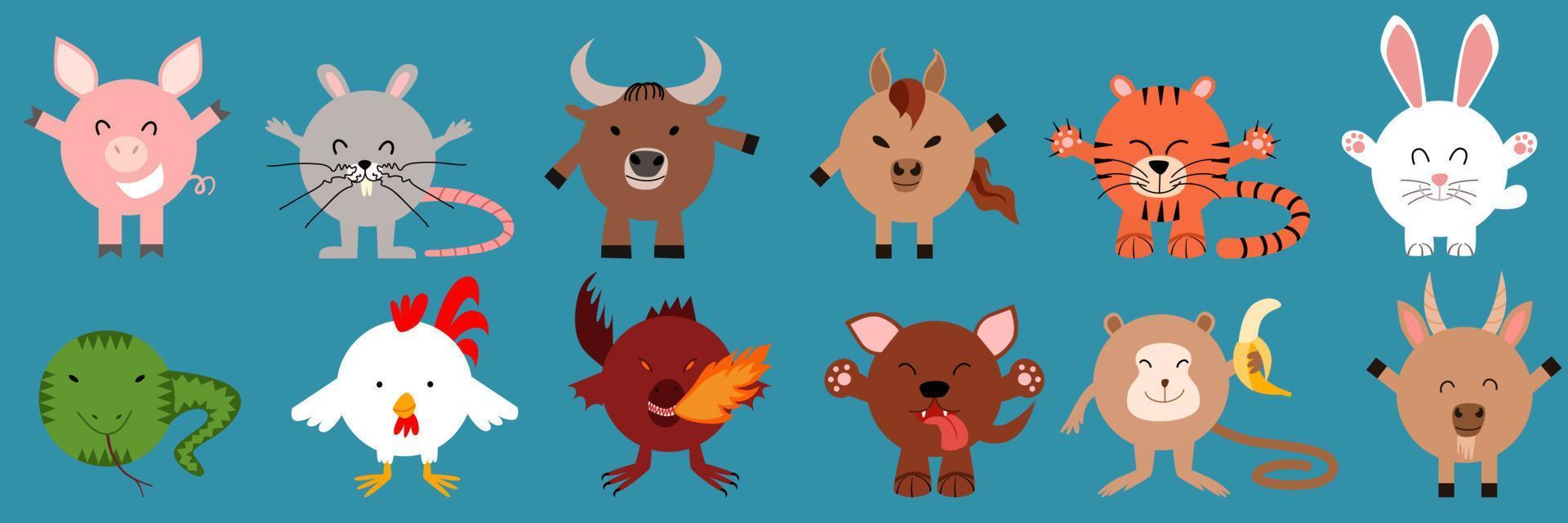 A set of round-shaped Chinese zodiac animals. vector