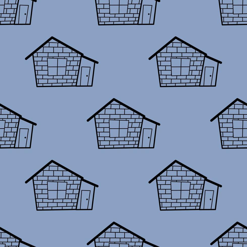 Seamless vector pattern of contour houses in doodle style on a blue background.