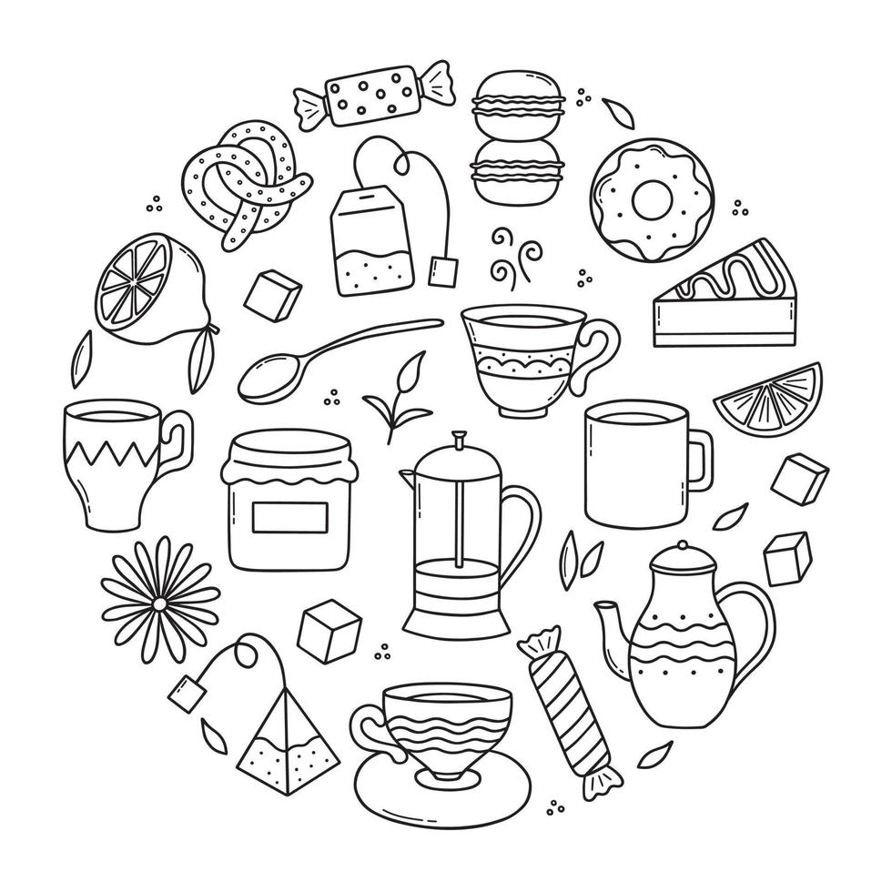 conjunto dibujado a mano de iconos de doodle de la hora del té. teteras, tazas, limón y dulces al estilo boceto. ilustración vectorial aislado sobre fondo blanco vector