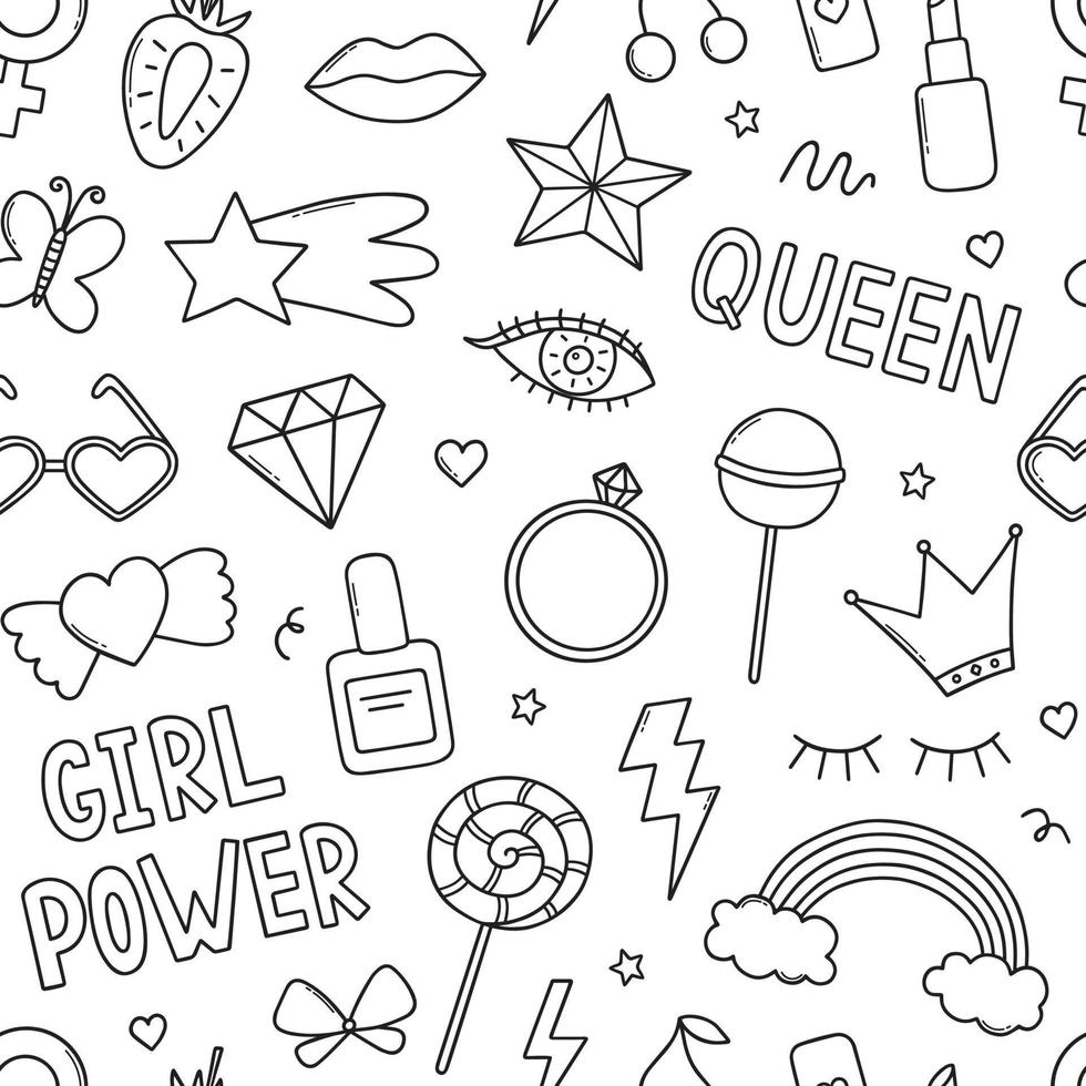 Hand drawn seamless pattern of Girl power doodle. Feminist elements and girls party in sketch style. Vector illustration