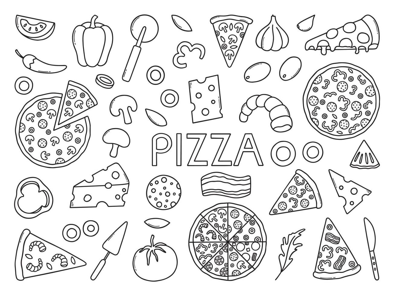 Hand drawn set of pizza doodle. Different slices of pizza in sketch style. Vector illustration