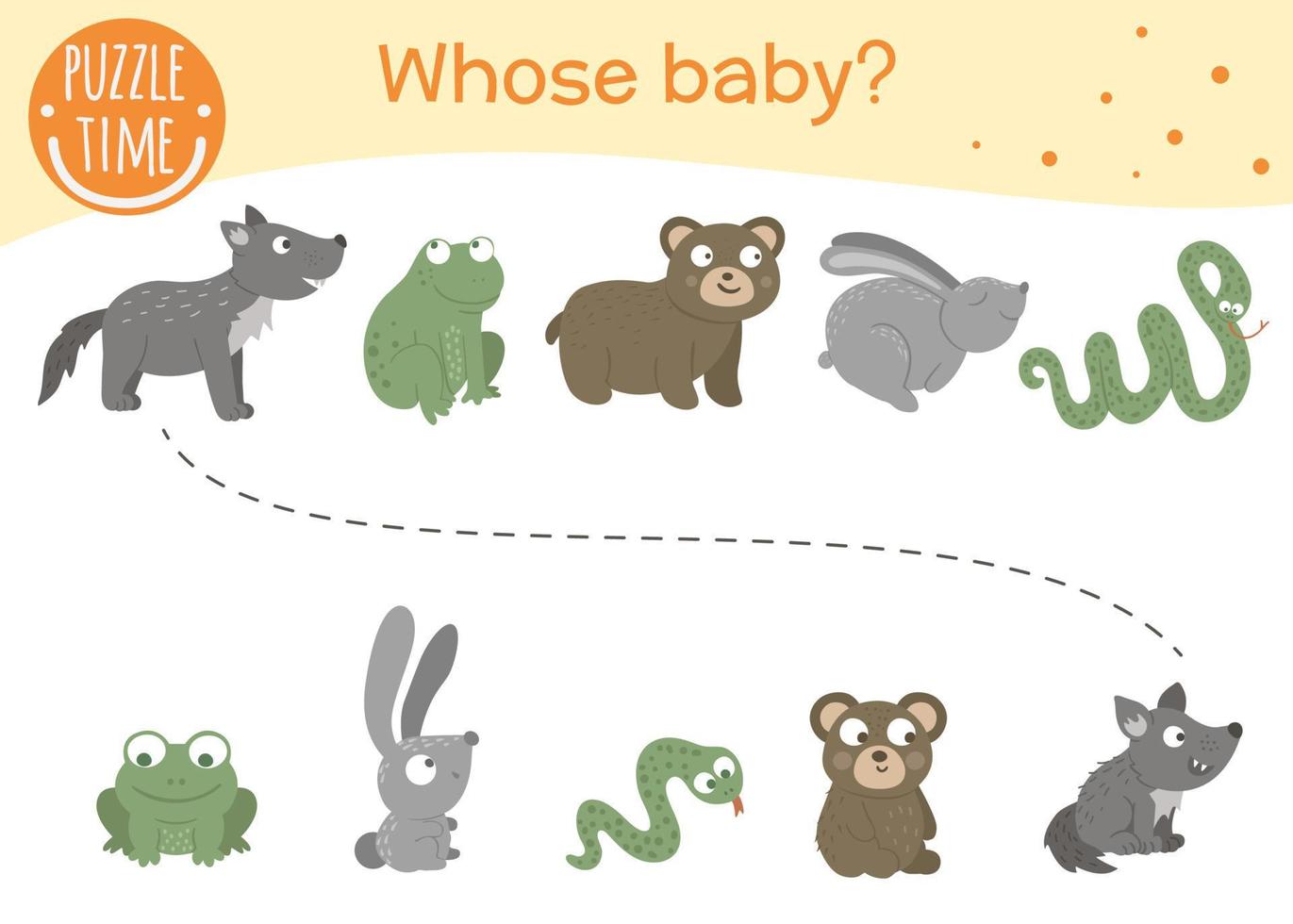 Whose baby matching activity for preschool children. Connect the animal with its baby. Funny woodland game for kids. Logical quiz worksheet. vector