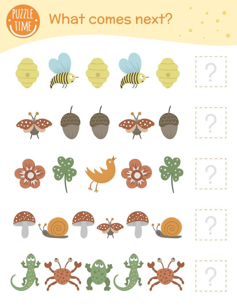 What comes next. Matching activity for preschool children with animals and insects. Funny woodland game for kids. Logical quiz worksheet. Continue the row. vector