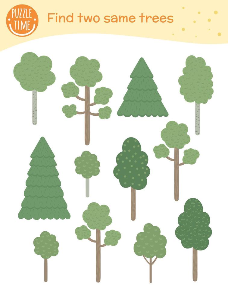 Find two same trees. Matching activity for children. Funny woodland game for kids. Logical quiz worksheet. vector