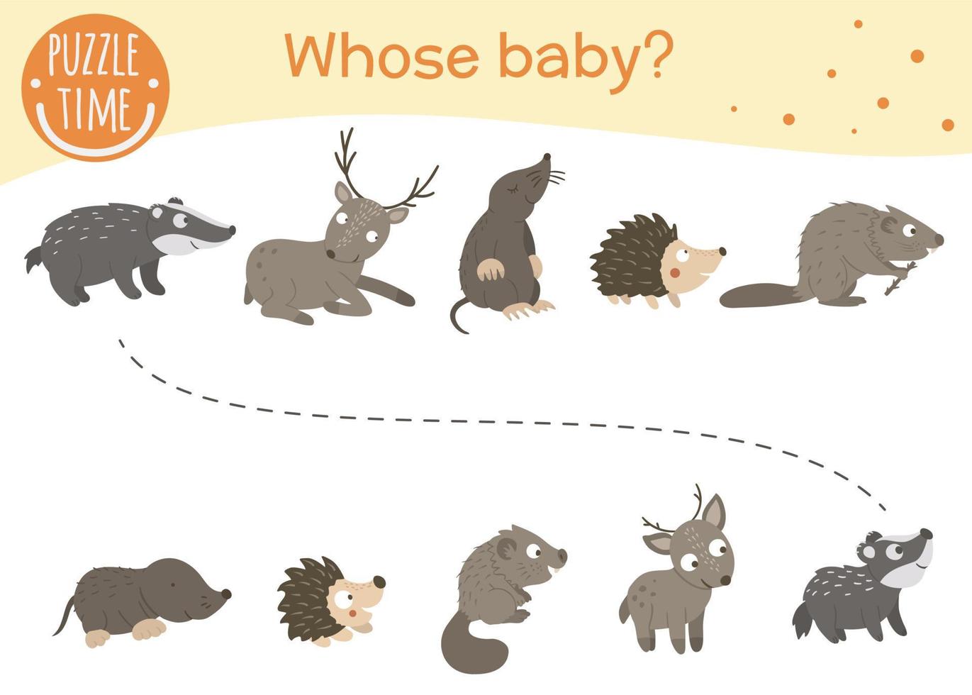 Whose baby matching activity for preschool children. Connect the animal  with its baby. Funny woodland game for kids. Logical quiz worksheet.  11601964 Vector Art at Vecteezy