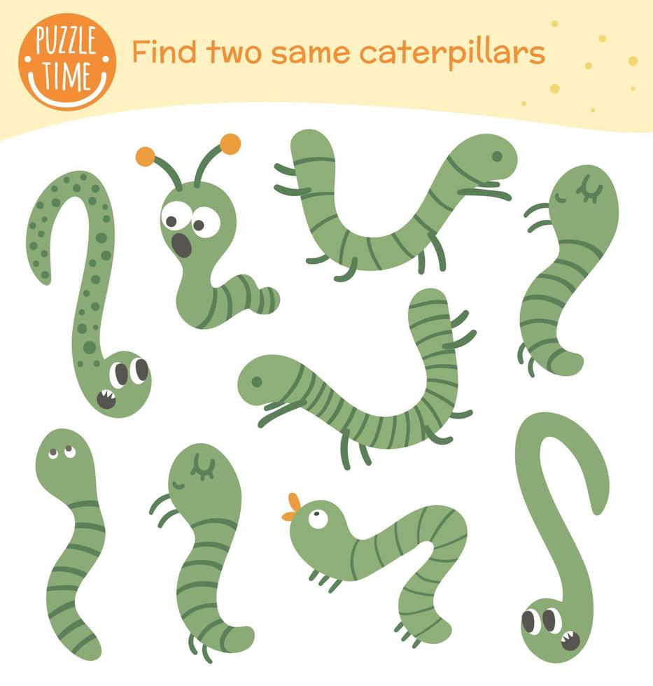 Find two same insects. Matching activity for preschool children with green caterpillars. Funny woodland game for kids. Logical quiz worksheet. vector