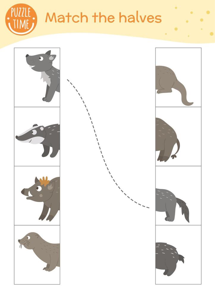 Connect the halves worksheet.  Matching game for preschool children with forest animals. Educational activity with cute funny characters. vector