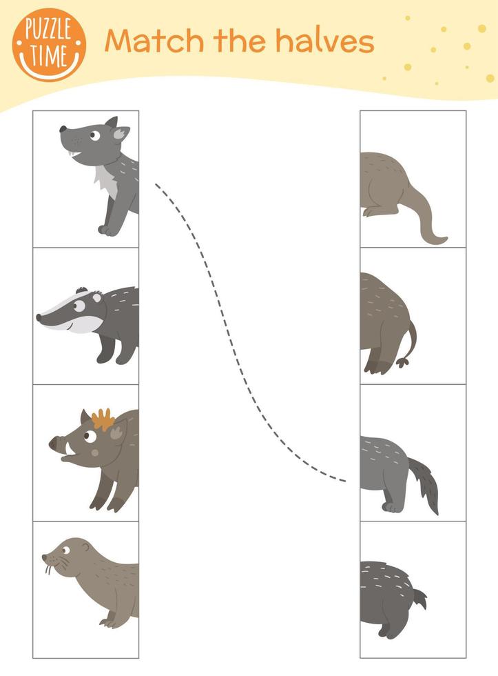 conecta la hoja de trabajo de las mitades. juego de combinación para niños en edad preescolar con animales del bosque. actividad educativa con lindos personajes divertidos. vector