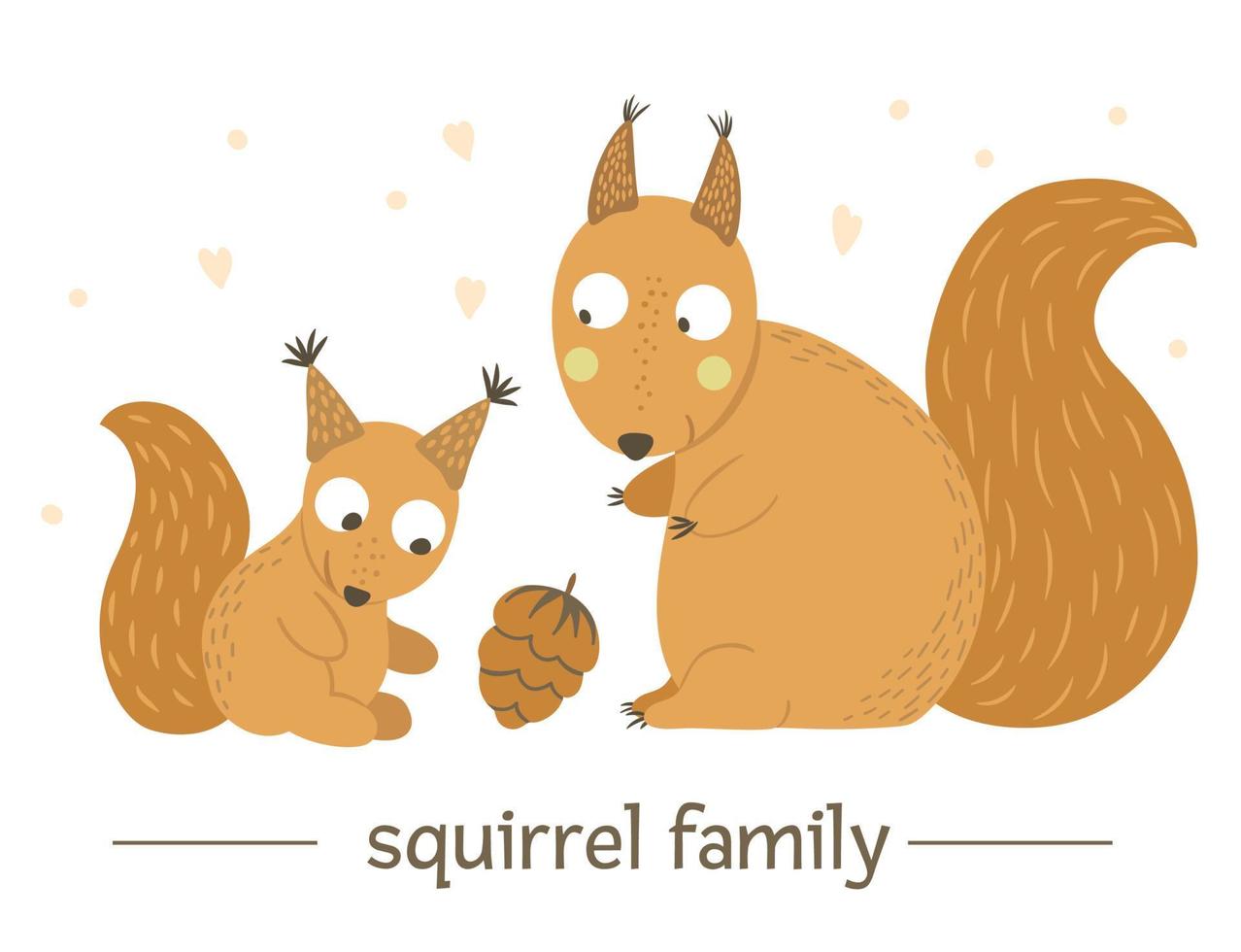 Vector hand drawn flat baby squirrel with parent. Funny woodland animal scene showing family love. Cute forest animalistic illustration for children design, print, stationery
