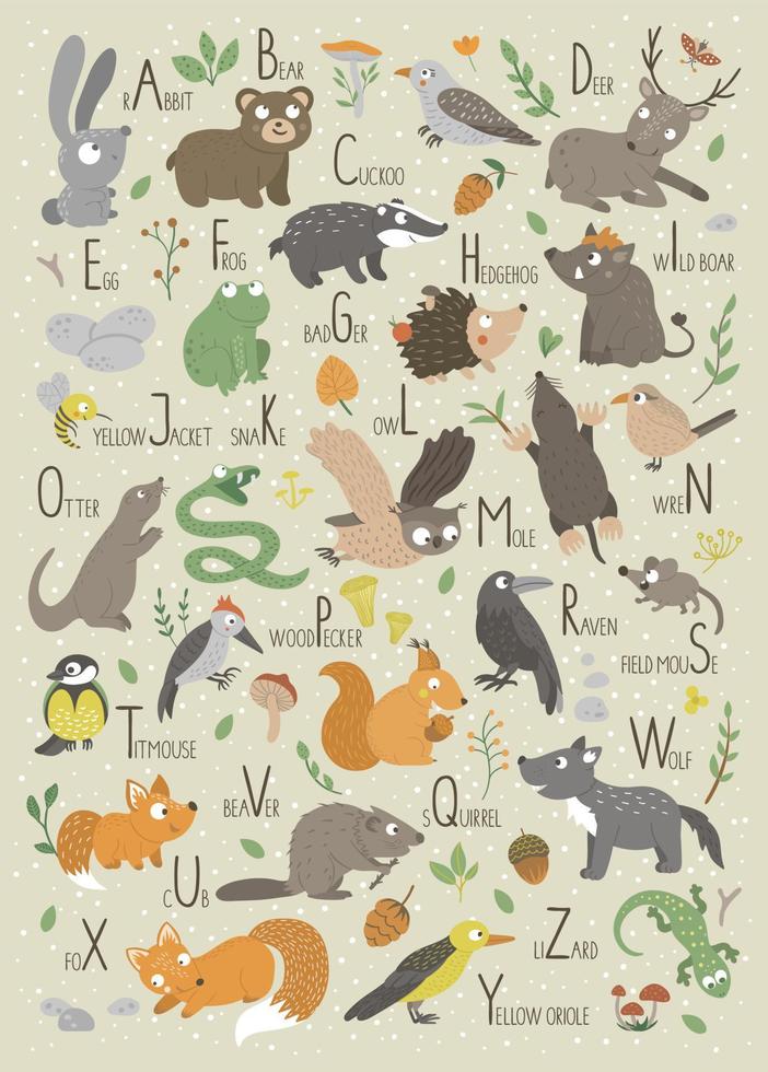alfabeto del bosque para niños. lindo abc plano con animales del bosque. cartel divertido de diseño vertical para enseñar a leer. vector