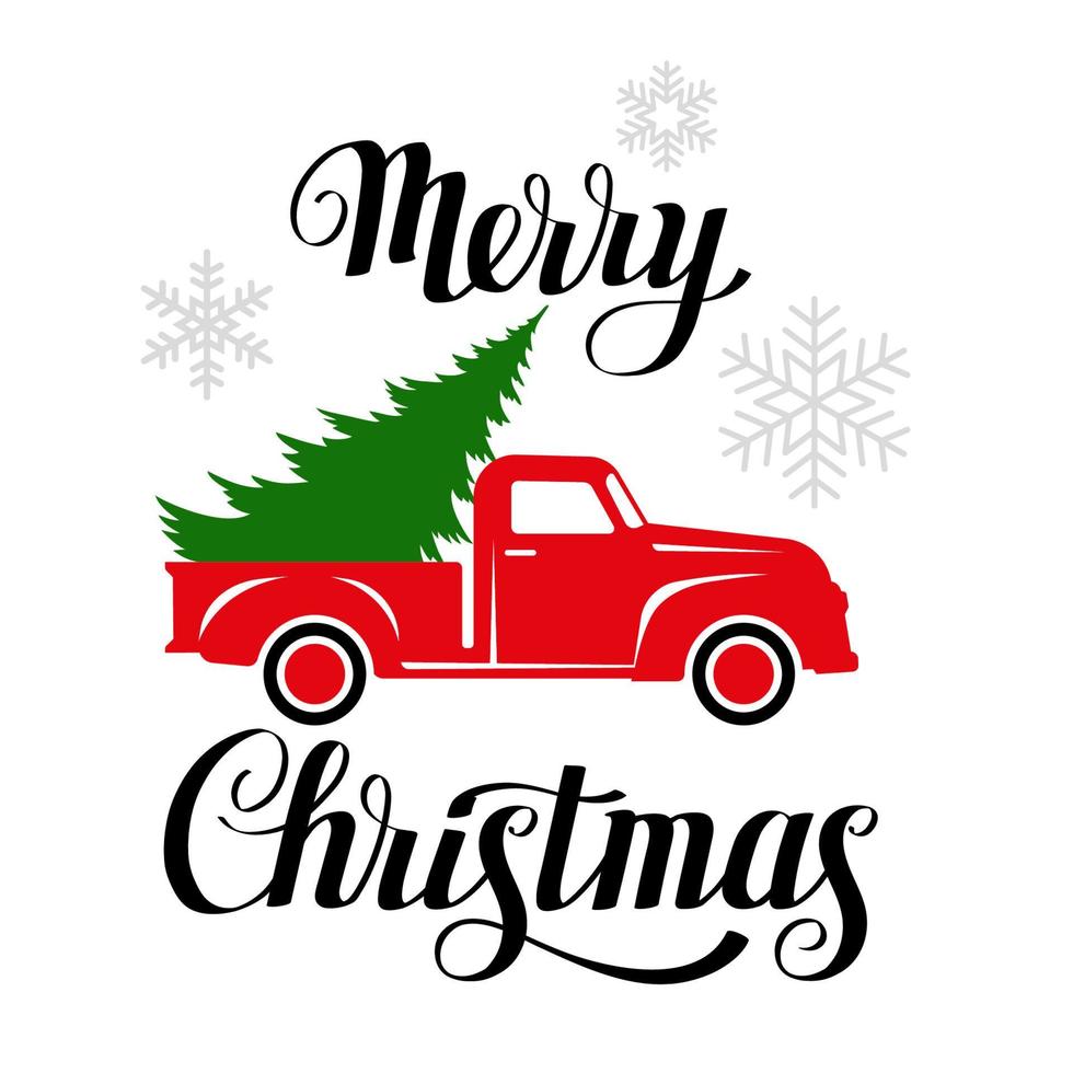 Vintage retro red Christmas truck with pine tree, vector illustration