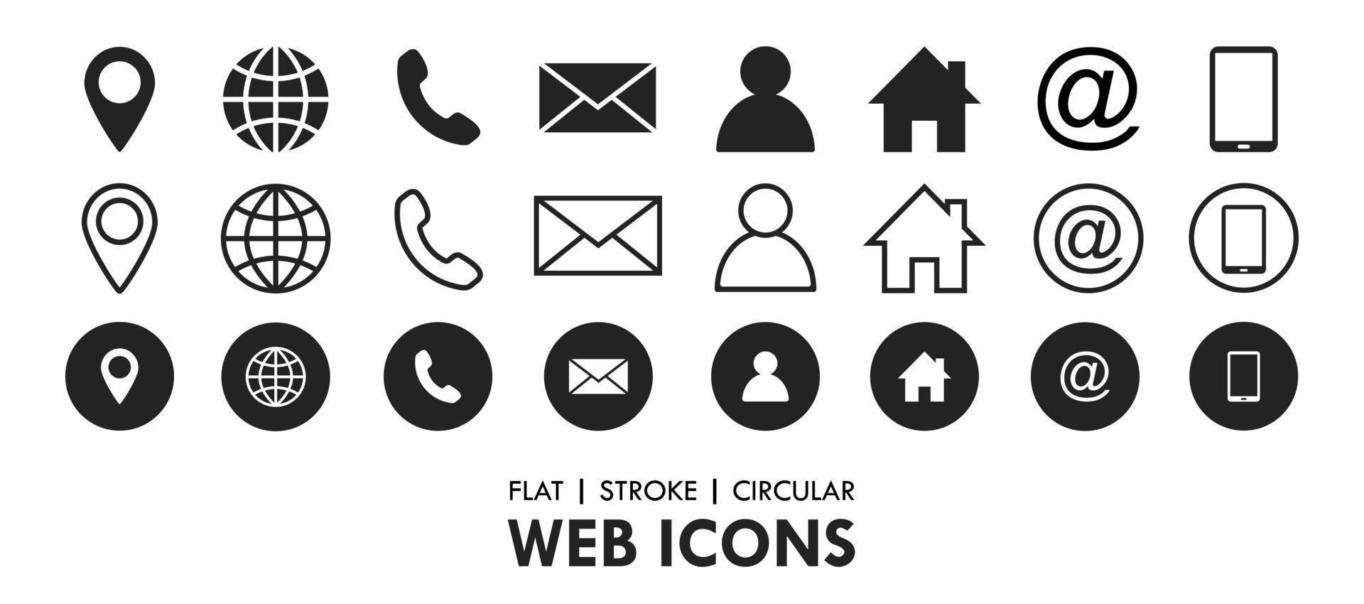 Essential Flat Stroke Circular Web Icon Set Phone Contact Location Button vector