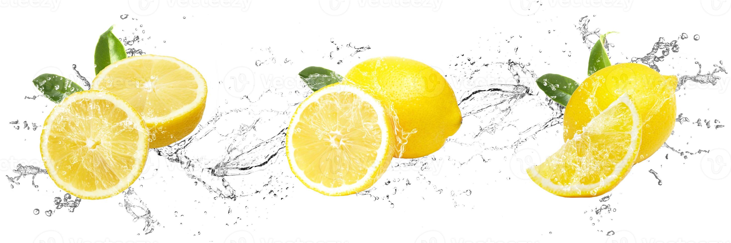 Fresh Lemons with water splash on isolated white background photo