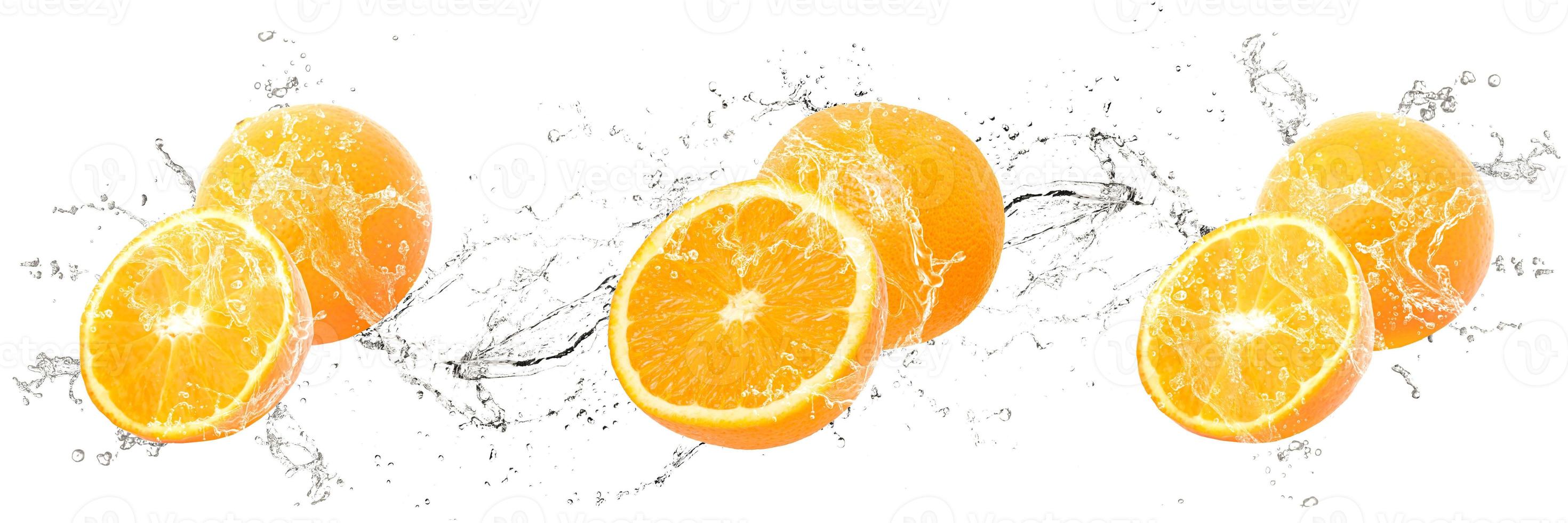 Fresh Oranges and slices with water splash and drops on isolated white background, Citrus Fruit Renders photo