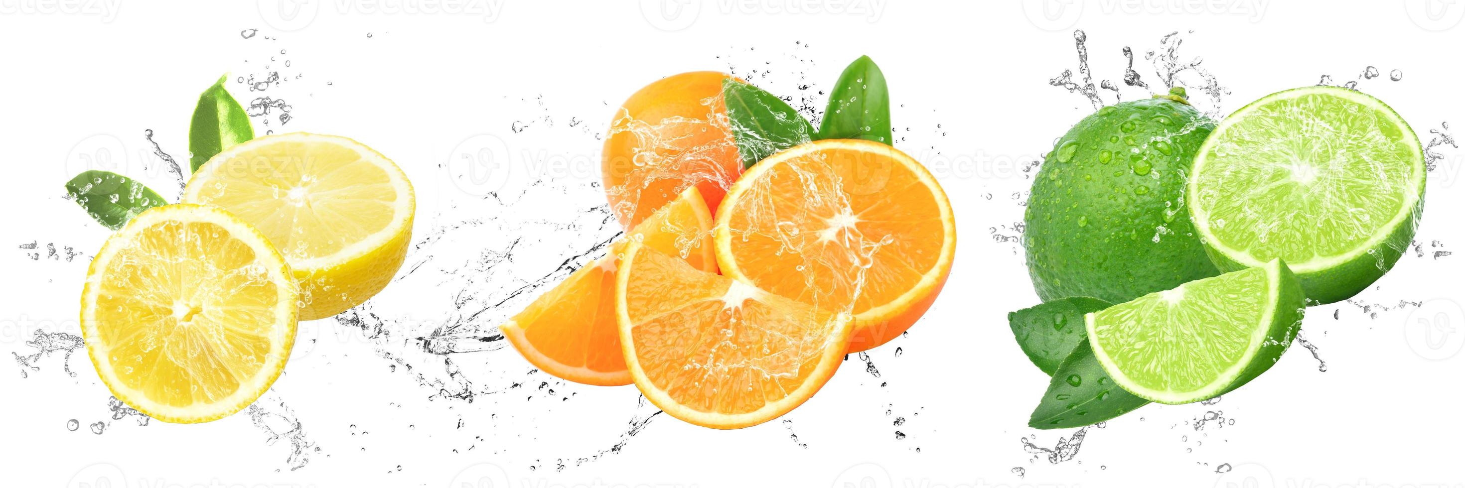 Fresh Fruits with water splash on isolated white background, lemon, orange and lime photo